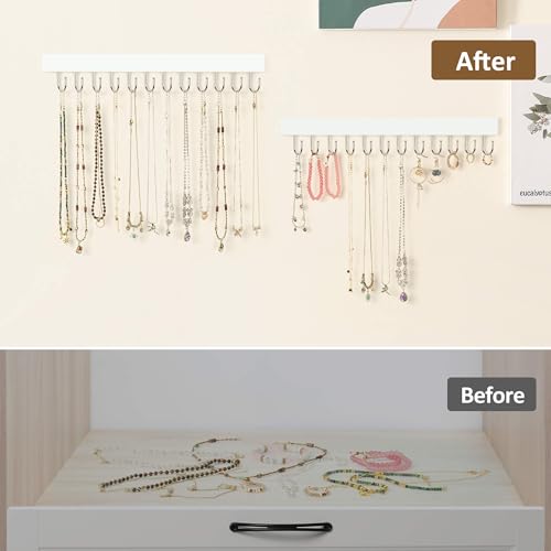 ZEDODIER 2 Pack Necklace Organizer Wall Mount, Wooden Jewelry Hanger Necklace Holder with 24 Hooks,Hanging Jewelry Organizer, White - color: White