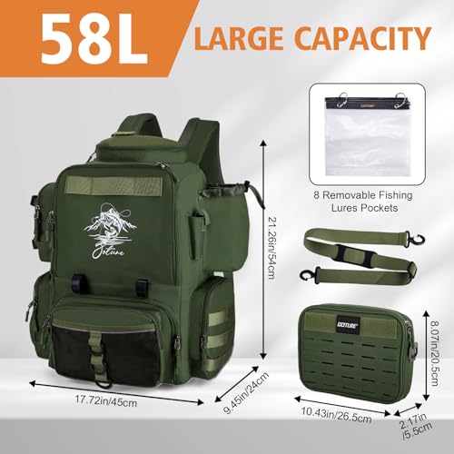 Goture Fishing Backpack, 58L 900D Water-Resistant Insulated Tackle Backpack with Cooler, Rod Holders, 8 Lure Pockets, Detachable Crossbody Bag, Gear Storage Large Fishing Bag for Camping Hiking - color: Green