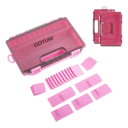 Goture Fishing Tackle Box Organizer - Transparent Fishing Organizer Box w/Measurement Ruler, Adjustable Dividers, Dual Latches | 2 Pcs 3700 Tackle Tray| Ergonomic Grip - color: C - Pink/Handle, size: 2pcs 3600