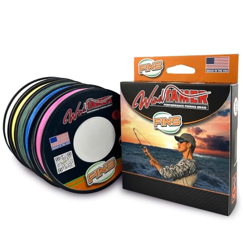 FINS Windtamer Braided Fishing Line – Round No-Wax 4-End Braid, Eliminates Wind Knots and Rod Tip Wraps, No-Stretch Performance, Low Memory, Freshwater Saltwater, Spinning Baitcasting, Made in USA - color: Hi-Viz Yellow, style: 8 Lb - 300 Yds