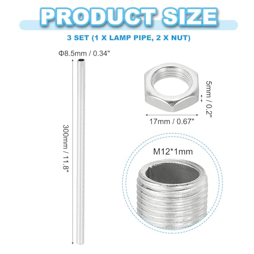 PATIKIL M12 Thread 300mm/11.8" Lamp Pipe Kit with Lock Nuts, 3 Set All Thread Rods Fasteners Hardware for Chandelier Ceiling Light DIY, Zinc Plating - size: 11.8"
