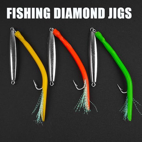 Diamond Jigs Saltwater Fishing Lures,Casting Jigging Spoon with Split Tube Tail Stainless Steel Hook Metal Jig Spoon Baits for Deep Sea Offshore Surf Fishing Bottom Sinking - color: 3pcs-3 Colors Mixed, size: 3oz