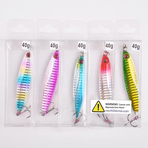 Hard Metal Jigs Fishing Spoon Lures, 5pcs Saltwater Jigging Spoons with Feather Treble Hook Fishing Jigs Casting Spoon for Freshwater Bass Striper Mackerel Halibut - size: 5pcs-40g(3/2oz)