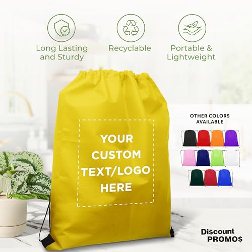DISCOUNT PROMOS Custom Non-Woven Drawstring Backpacks Set of 10/50/100, Personalized Bulk Pack - color: Yellow, size: 10/50/100