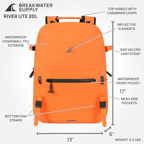 Breakwater Supply™ River Ute Waterproof IP68 Utility Backpack, Floating TPU Submersible Dry Bag with Padded Hip Belt and Airtight Zippers | 20L (River Ute 20L Safety Orange) - color: River Ute 20l Safety Orange
