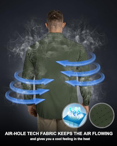 33,000ft Men's Long Sleeve Sun Protection Shirt UPF 50+ UV Quick Dry Cooling Fishing Shirts for Travel Safari Camping Hiking - color: Army Green, size: X-Large