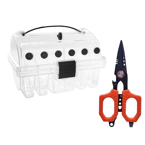 Aventik Clear Fishing Line Organizer Built-in Cutter & Silicone Holes 6C/8C Clear Tangle Free Spool Storage Box for Fishing Line Management - color: 6C Storage+Red fishing scissor