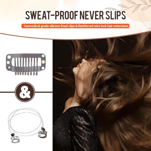 Invisible Wire Hair Extensions Real Human Hair - 22 Inch 95G Auburn Brown Transparent Fish Line Clip-Ins Hair Piece, 100% Remy Human Hair Extensions for Women - color: #33 Auburn Brown, size: 22 Inch