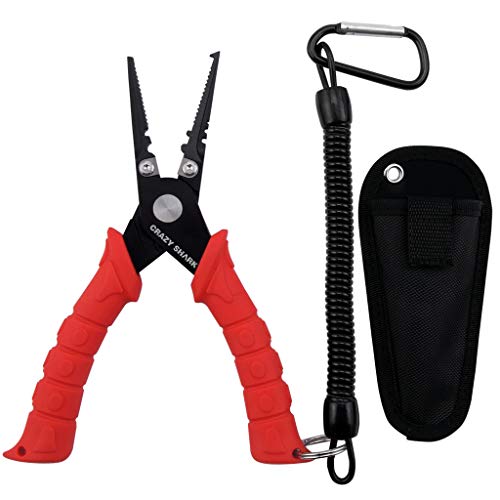 Fishing Pliers, Stainless Steel Fishing Tools, Saltwater Resistant Fishing Gear, Tungsten Carbide Cutters, Split Ring Pliers, Hook Remover with Coiled Lanyard and Sheath - color: Red - 6" Split Ring Nose