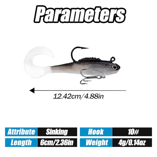 Fishing Lures with Jig Heads Treble Hooks 6pcs 2.36in/0.14oz FS/RE-12 | 6pcs Soft Plastic Swim Baits,Tackle Box,for Bass Crappie Trout, Saltwater and Freshwater, Fishing Tackle