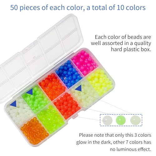Fishing Beads, 10 Colors Beads for Fishing Rigs, 5mm Glow in the Dark Beads for Fishing in the Dark