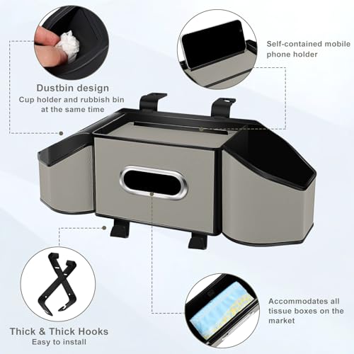 7-In-1 Car Seat Back Organizer with Cup Holders, Tissue Box, Garbage Can&Hooks, Multifunctional Headrest Storage Organizer, Headrest Cup Holder for Backseat, Car Accessories for Trips, Travels(Gray) - color: Gray