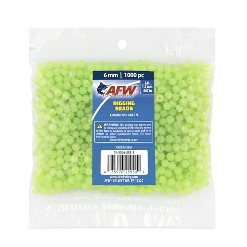 AFW Rigging Round Beads – 6mm & 8mm Acrylic Fishing Beads for Saltwater & Freshwater Rigs, Luminescent Green & Red Beads for Bottom Rigs, Catfishing & Fishing Line Beads - color: Luminous Green, size: 6mm - 1000 pc
