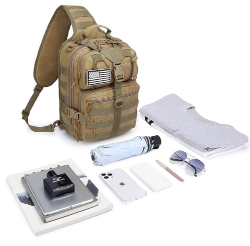 Tactical Sling Pack Big Crossbody Backpack Over Shoulder Bag Military for Men Hiking Outdoor Sport Gym - color: Brown Tan