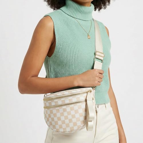 Crossbody Bags for Women, Spacious Nylon Belt Purse Fanny Packs, Crescent Oversized Checkered Bum Bag (Checkered - Beige) - color: Checkered - Beige