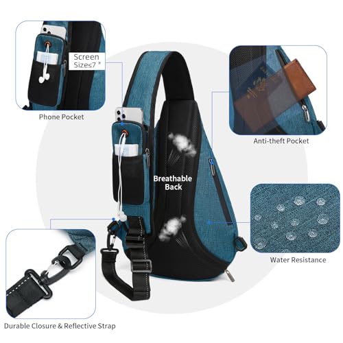 TUDEQU Large Sling Bag for Men,19L Crossbody Backpack with 8 Pocket,Gym,EDC | One Strap Backpack with Umbrella Pocket & Stability Strap,Sling Backpack,One Shoulder Backpack for Hiking,Travel,Cycling - color: Blue Black