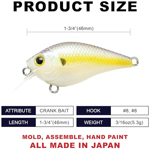 Lucky Craft LC 0.5 Squarebill Crankbait, Silent Fishing Lure for Bass Trout and Pike, Made in Japan, Freshwater Fishing Gear, Hard Bait Bass Lures - color: 250 Chartreuse Shad