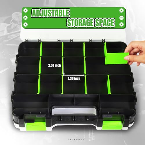 Jack Boss Tool Box with Transparent Lid, Double Side 34-Compartments Organizer Box with Removable Dividers for Hardware, Screws, Bolts, Nails, Beads, Jewelry and Fishing Accessories, Green, 1 Pack - color: Green, size: 1 PACK