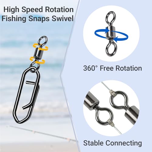 Atibin High Strength Fishing Clips Swivel Freshwater Saltwater Fishing Snaps Connector Rolling Barrel Swivels Fishing Clip Speed Change Black Nickel - size: Size 4+M (53lb) 50 pcs