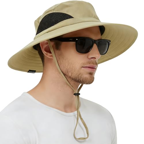 Wide Brim Sun Bucket Hat, Waterproof Boonie Hat for Men & Women | UPF 50+ UV Protection, Adjustable Fit, Chin Strap & Sweatband, Foldable Durable for Fishing Hiking Garden Beach - color: 01 Khaki