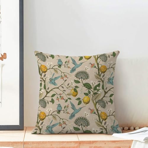 Chinoiserie Pillow Covers 16 x 16 Set of 2, Spring Lemon Blue Green Bird Floral Throw Pillow Covers Farmhouse Flowers Pillowcase Home Decor for Couch Sofa Outdoor - color: Chinoiserie-d, size: 16" x 16" (Pack of 1)