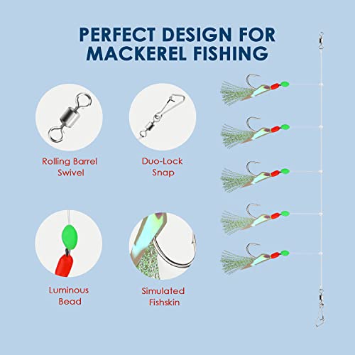 10 pcs Mackerel Feathers Rigs Saltwater, Pre-Tied Sea Fishing Bait Rigs with Luminous Colorful Feathers/Luminous Beads Bionic Flying Insects, Lure Rigs for Mackerel, Pollock, Cod, Bass - size: Hook Size 12, style: Style 1
