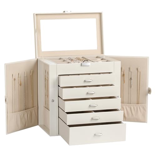 Frebeauty Large Jewelry Box,6-Tier PU Leather Jewelry Organizer,Multi-functional Storage Case with Mirror,Accessories Holder with 5 Drawers for Necklace Bracelets Watches(Pearl White) - color: Pearl White, size: Large
