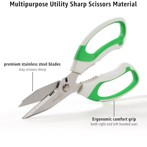 BoFuYuan 8-Inch Utility Scissors All Purpose Heavy Duty, Serrated Blade, Green Comfort Grip for Cutting Carpet, Cardboard, Leather, Fabric, Multipurpose Sharp Shears for Kitchen, Garden, Office, Carft - color: Green