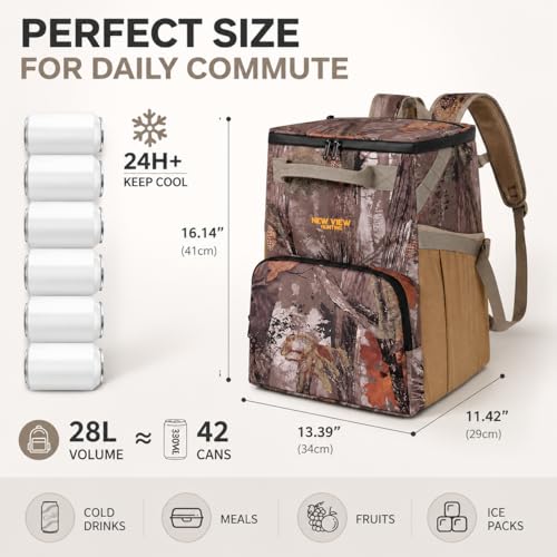 Backpack Cooler, 42 Can 16mm Leakproof Soft Cooler Backpack, Waterproof & Lightweight Camo Lunch Backpack for Work, Fishing, Beach, Day Trips, Large Capacity with Dry/Wet Storage