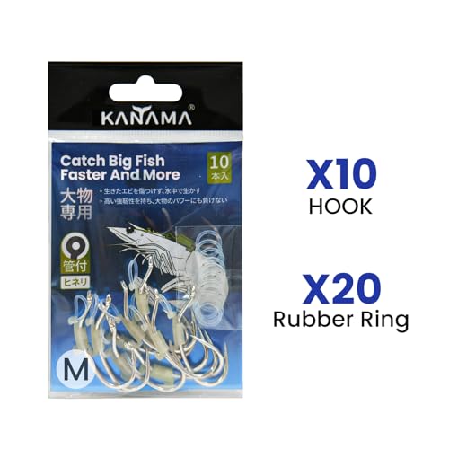 KANAMA Luminous Live Shrimp Hooks - High Carbon Steel Fishing Hooks Saltwater Corrosion Resistant Barbed Strong Hooks Freshwater Shrimp Walker, Ideal for Bass, Groupers, Pike, Catfish & More - size: M ×10
