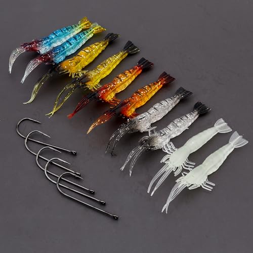 10pcs Soft Shrimp Lure Rigs Artificial Silicone Soft Bait Shrimp Fishing Lure, Artificial Bait Fishing Tackle Hooks Jigs with Hooks for Trout Bass Salmon