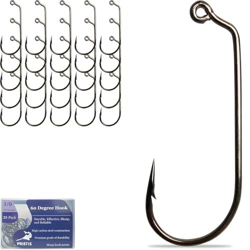 Pristis 25 Pack High Carbon Steel Fishing Hooks, Reinforced EWG Circle Octopus Round Bend 60 Degree Wide Gap Strong Barbed Worm Fish Hook Jig Bait Rig for Saltwater Freshwater Bass Tuna Walleye Trout - color: 60 Degree, size: 3/0