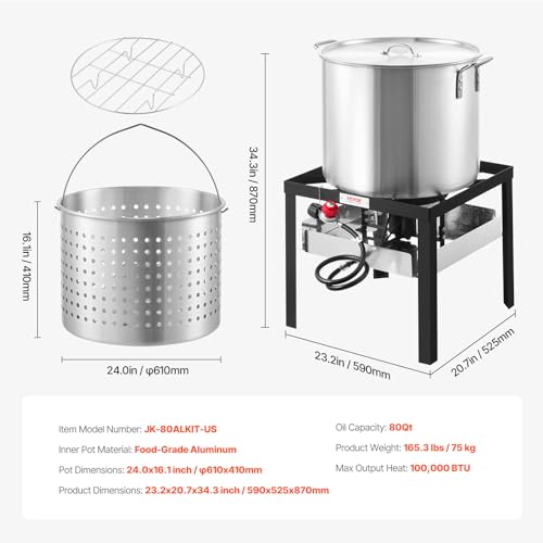 VEVOR 80 Qt Seafood Boiling Kit with Strainer, Outdoor Seafood Boil Pot and Basket, Cooking Set for Crab Crawfish Lobster Boiling, Aluminum Stockpot with 100,000 BTUs Propane Burner and Steamer Rack - style: 80-qt