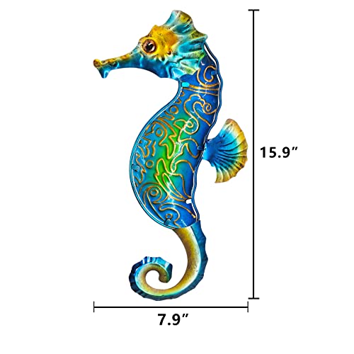 John's Studio Seahorse Sea Wall Decor Outdoor Metal Garden Hanging Art Glass Sculptures Home Ocean Theme Decorations for Kitchen Bathroom and Pool - color: Seahorse - Green