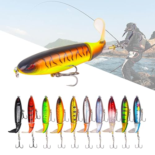 10Pcs Whopper Fishing Lure for Bass Popper Top Water Fishing Lures with Floating Rotating Tail Barb Treble Hooks in Saltwater Freshwater Plopping Lures Kit