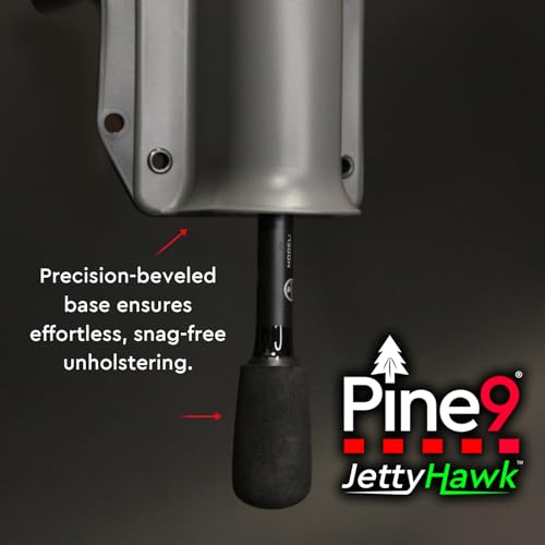 JettyHawk Fishing Rod Hip Holster, Hands-Free Quick-Draw Holder, Fits 1.5-2" Pole, for Spinning, Baitcaster, Centerpin & Surf Rods, Wading & MOLLE Belts - color: Grey w-Black Belt Clip