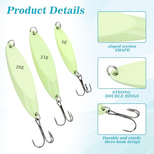 15 Pcs Glow in The Dark Fishing Lures with Treble Hook Jigs 5g/21g/28g Weights Luminous Metal Fishing Spoons Glitter Casting Spinner Baits Spoon for Freshwater Saltwater Bass Trout