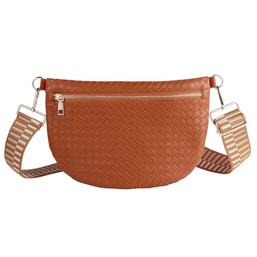 Woven Crossbody Bags for Women Leather Belt Bum Sling Purse Fanny Waist Pack Chest Shoulder Bag for Women-Brown - color: Brown