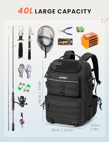 SKYSPER Tackle Backpack Fishing Bags with Rod Holder, 40L Water-Resistant Tackle Box Storage Bag for Fishing Gear Lures(Black) - color: Black