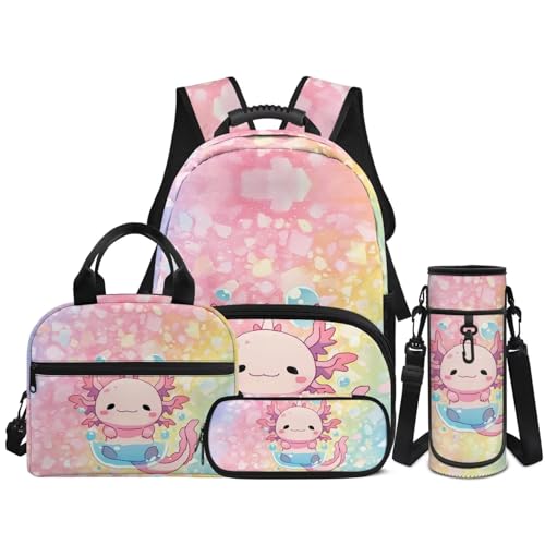 4 in 1 Kids Backpack Bookbag Set Cartoon Axolotl Backpacks School Bookbag with Lunch Box Bag and Pencil Bag Water Bottle Carrier Bag Set for Kids Teen Girls - color: Axolotl Print