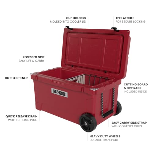 Hogg Rotomolded Coolers, Ice Chest with Wheels, Wheeled Cooler, Rotomolded Ice Chest, Dry Storage, Fishing and Camping Items, Birthday Gifts for Men - color: Harvest Red, size: 65qt
