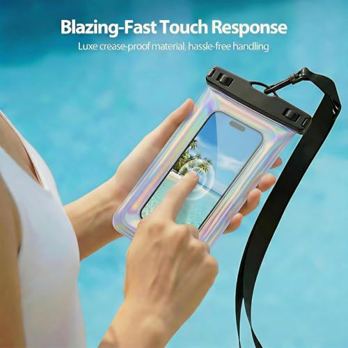 Floatable Waterproof Phone Pouch Case for iPhone 17 16 Pro Max/15/14, IP68 Travel Cellphone Dry Bag Beach Cruise Ship Essentials Bags with Crossbody Lanyard, Iridescent Purple with Word - 7″ - color: A6-Iridescent Purple with character