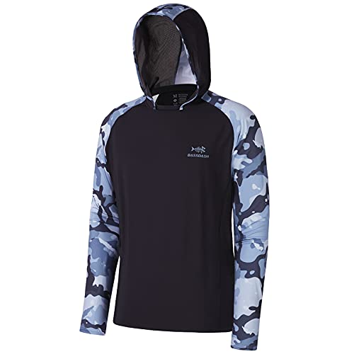 BASSDASH Men’s UPF 50 Performance Fishing Shirt Cooling Hoodie Camo Long Sleeve FS17M - color: Black / Blue Camo, size: XX-Large