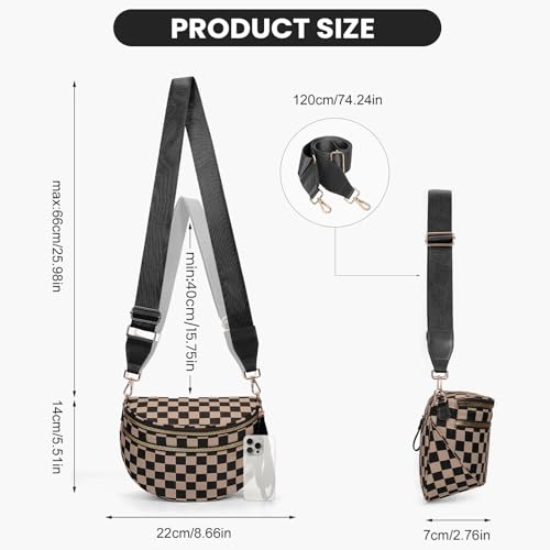Checkered Crossbody Bum Bags for Women Nylon Checkered Purse Checkerboard Fanny Pack - color: F03-khaki