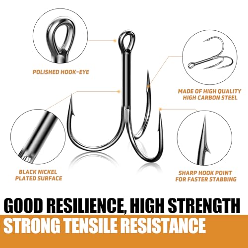 Fishing Treble Hooks High Carbon Steel Fishing Hooks Classic Round Bend Sharp Solid Triple Barbed Fish Hook Fishing Tackle - size: Size 1/0, Pack of 50