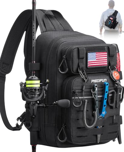 Piscifun Fishing Backpack Tackle Bag with 2 Rod Holders, Multi-Compartment Storage, MOLLE System, Water-Resistant Lightweight Outdoor Pack - color: Double Shoulder - Black, style: Standard
