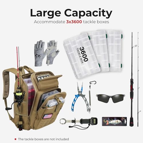 Piscifun Fishing Tackle Backpack with Rod & Gear Holder, Lightweight Outdoor Water-Resistant Fishing Shoulder Storage Bag with Protective Rain Cover, Khaki - color: Khaki, size: Standard