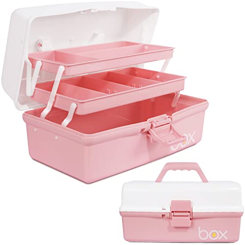 TERGOO 12in 3-Layer Plastic Craft Organizers and Storage, Portable Folding Tackle Box with Handle & Adjustable Dividers, Multipurpose Case for Sewing, Art Supplies, Medicine, Tools (White Pink) - color: White Pink