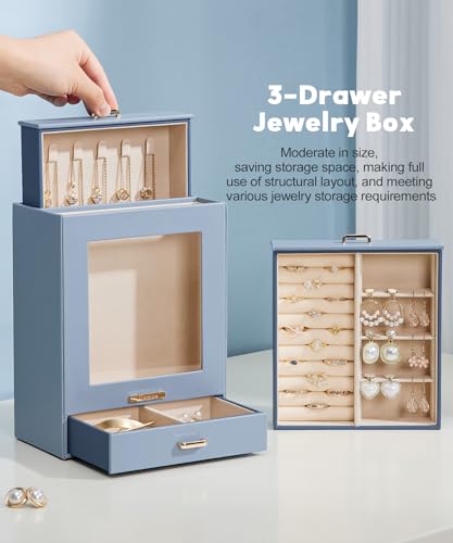 Homde Jewelry Organizer Girls Women Jewelry Box for Necklaces Rings Earrings Gift Bracelets Storage Case (Grey Blue + Gold) - color: Grey Blue + Gold