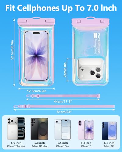 IPX68 Waterproof Phone Pouch, Floating Waterproof Phone Case for iPhone 17 16 15 14 13 Pro Max Samsung S26 S25 S24, Up to 7 Inch, Beach Vacation Essentials, Sparkling Purple - color: Sparkling Purple